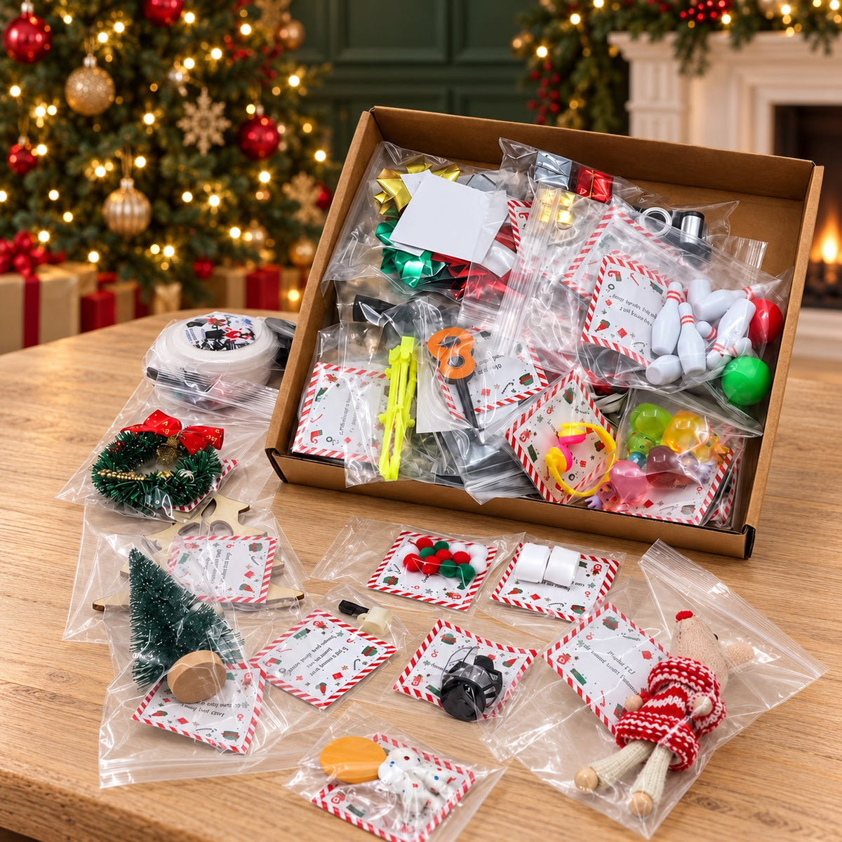Christmas elf activity kit props arranged beside the open box