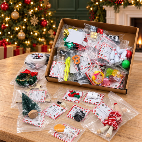 Christmas elf activity kit props arranged beside the open box