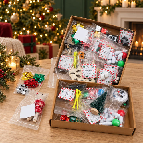 Christmas elf kit boxes in a festive room